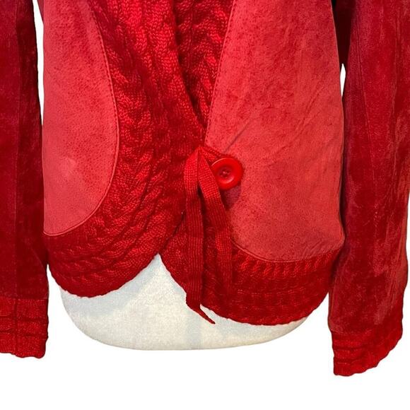 Coldwater Creek Red Suede Leather Jacket With Cable Knit Trim & Button Closure S - Picture 3 of 12